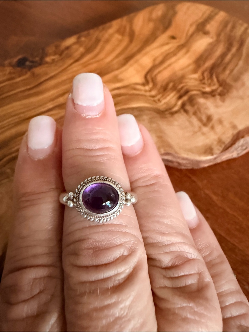 Sterling Silver Amethyst Cabochon Ring - Purple Size 7.5